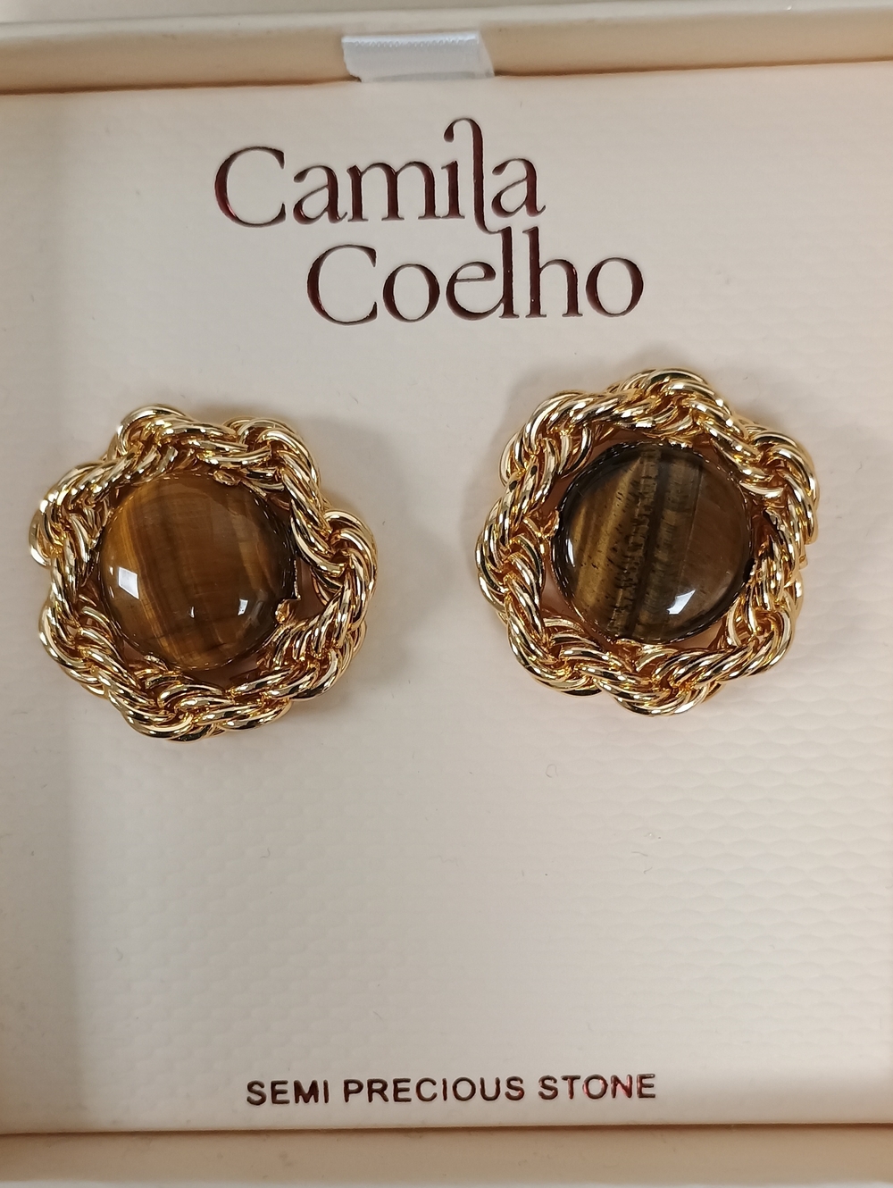 NWT Camila Coelho Vintage Style Gold Twisted Rope Tiger's Eye Stud Earrings Box